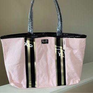 NWT Victoria’s Secret Pale Pink W/ Black & Gold Strips Beach Tote